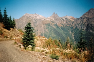 View of mountains across the valley from logging road, trail to Mount Laughington 2003-10.